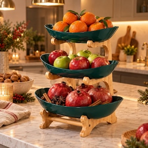 Three Tier Fruit Basket, Bamboo Countertop Stand with Removable Bowls, Farmhouse Kitchen Storage