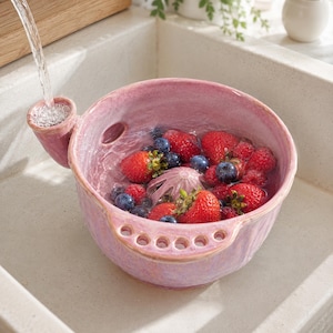 Ciotola in ceramica smaltata con decorazione a bacche, scolapasta Vortex fatto a mano, scolapasta autodrenante per cucina rustica