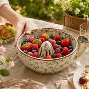 Speckled Ceramic Berry Bowl, Handmade Side Inlet Vortex Rinser, Rustic Stoneware Serveware