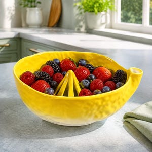 Peut inclure: Un presse-agrumes en céramique jaune vif avec un extérieur texturé et un cône central, rempli d'un assortiment frais de fraises rouges, de mûres noires et de petites myrtilles bleues, doté d'un bec verseur sur le côté.