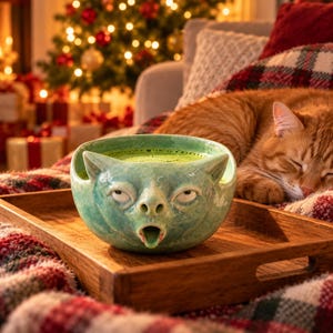 Funny Cat Matcha Bowl – Vomiting Kitty Chawan, Green Crystalline Glaze, Quirky Tea Gift
