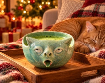 Bol de matcha con forma de gato gracioso – Chawan de gatito vomitando, esmalte cristalino verde, regalo de té original