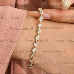 Multi Shape Lab Created Diamond Tennis Bracelet, Stackable Diamond Wedding Bracelet, Alternative Diamond Bracelet, 14K Yellow Gold Bracelet