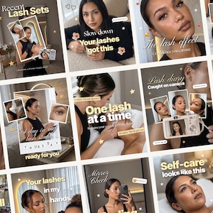 May include: A collage of social media posts featuring a lash technician applying eyelash extensions. The images include text overlays such as Recent Lash Sets, Slow down, The lash effect, Lash diary, and Self-care looks like this.