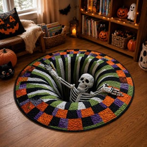 May include: A round rug featuring a 3D optical illusion of a deep hole with a skeleton emerging from the centre. The rug has a chequered border in orange, purple, and green, with black and white stripes radiating towards the centre hole.