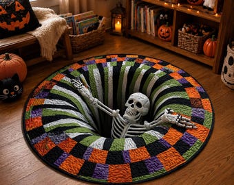 3D Skeleton Halloween Rug, Round Spooky Area Rug, Optical Illusion Floor Mat, Creepy Skeleton Rug, Haunted Halloween Decor