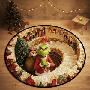 Könnte beinhalten: Ein runder Teppich mit einer 3D-Illustration einer grünen Figur im roten Weihnachtsmannkostüm, die einen Geschenkesack hält. Das Design zeigt eine steinerne Wendeltreppe, einen Weihnachtsbaum und Bücherregale. Der Name James ist gelb gedruckt.