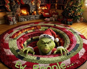 Ew People Personalized Grinch Round Mat, Custom Name Quilted Christmas Rug, Funny Holiday Doormat, Grinch Gift