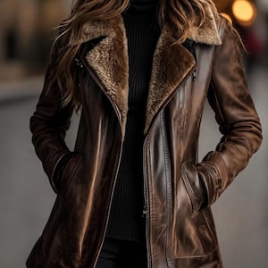 Könnte beinhalten: Eine braune Lederjacke mit einem breiten, flauschigen Kunstfellkragen und Revers. Die Jacke hat einen mittigen silberfarbenen Reißverschluss, lange Ärmel und zwei Vordertaschen. Sie wird über einem schwarzen gerippten Rollkragenpullover getragen.