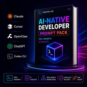 May include: A black book titled AI-NATIVE DEVELOPER PROMPT PACK with a glowing neon cube graphic. The cover features text including CREATOR LAB, V1.0, 100+ PROMPTS, and 6 TOOLKITS. A list of software names appears on the left, with a footer detailing features.
