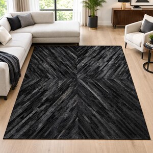 Black Cowhide Striped Rug – Cow Skin Hairon Leather Patchwork Carpet for Living Room