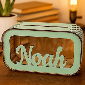 Personalized Wooden Money Box, Custom Name Green Piggy Bank, Handmade Savings Jar, Eco-Friendly Gift for Kids & Adults, Engraved Coin Bank