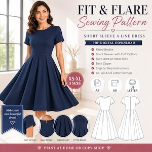May include: A navy blue short-sleeve A-line dress with a fitted bodice and flared skirt. The digital sewing pattern includes instructions, back zipper, and cuff options in XS-XL sizes, available in A4, A0, and US Letter formats for home printing.