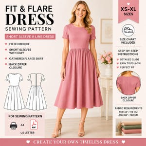 May include: A sewing pattern for a fit and flare dress with short sleeves, a fitted bodice, and a gathered flared skirt. The pattern includes a back zipper closure, size chart for XS-XL, and fabric requirements for 44-inch and 60-inch widths.