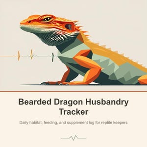 Può includere: Un'illustrazione grafica di un drago barbuto arancione e grigio sopra il testo "Bearded Dragon Husbandry Tracker" e il sottotitolo "Daily habitat, feeding, and supplement log for reptile keepers" con un grafico a linea di battito cardiaco.
