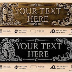 May include: Two rectangular metal signs measuring 1 inch by 3 inches. One is antique brass, the other black. Both feature a Spartan helmet, an American flag, and scrollwork. The text 'YOUR TEXT HERE' is centered between two stars.