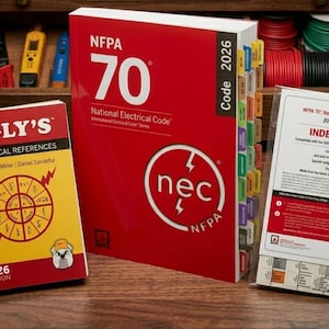 Op de afbeelding: Een spiraalgebonden boek Ugly's Electrical References editie 2026, een rood NFPA 70 National Electrical Code 2026 boek met kleurrijke tabbladen, en een doorzichtige plastic verpakking met tabbladen voor de National Electrical Code 2026 editie.