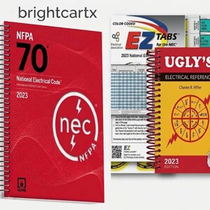 Può includere: Un libro rosso con rilegatura a spirale NFPA 70 National Electrical Code 2023, un libro giallo con rilegatura a spirale Ugly's Electrical References 2023 e un set di schede EZ Tabs a colori per il NEC, con schemi elettrici e testo.