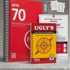 Puede incluir: Un libro de espiral NFPA 70 National Electrical Code edición 2026, un libro de espiral más pequeño Ugly's Electrical References edición 2026 con cubierta amarilla y una hoja de instrucciones blanca con pestañas adhesivas coloridas.