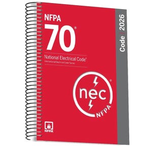 Op de afbeelding: Een spiraalgebonden naslagwerk getiteld NFPA 70 National Electrical Code 2026. De omslag is rood met witte tekst, met een groot nummer 70, het NEC-logo met bliksemschichten en een grijze verticale streep aan de rechterkant met het jaar 2026.