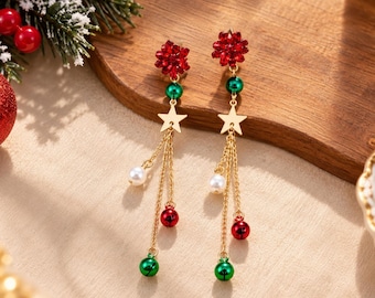 Christmas Ribbon Star Dangle Earrings, Red Crystal Bowknot Tassel Earrings, Gold Snowflake Bell Charm Jewelry, Xmas Gift for Women