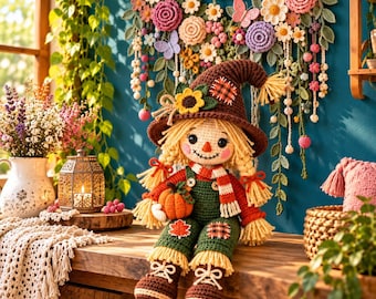 Haakpatroon voor een vogelverschrikker (PDF), herfstamigurumi-pop met zonnebloem, herfstdecoratie, Halloween-haakpop
