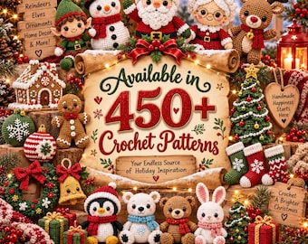 Paquete de 450 patrones de ganchillo navideños en PDF, amigurumis y decoración festiva para las fiestas, patrones de adornos de muñecos de nieve y Papá Noel, descarga instantánea en inglés.
