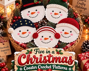 Haakpatroon voor een kerstsneeuwpop-onderzetter (PDF), 5-in-1 feestelijke tafeldecoratieset, eenvoudige handleiding voor een winterse mokonderzetter (digitale download)