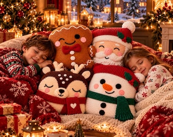 Kerst haakpatroon voor kussen (PDF), peperkoek kerstman, sneeuwpop en rendier, patroon voor feestelijk kussen, amigurumi kerstdecoratie