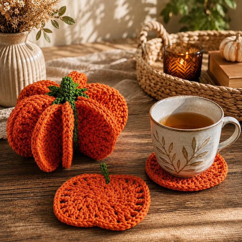 May include: A set of crocheted pumpkin-shaped coasters in bright orange yarn with small green stems. One coaster is flat on the surface, while another is stacked under a ceramic mug with a leaf pattern. The coasters feature a textured, circular design.