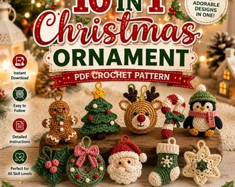 Bundel met 10 haakpatronen voor kerstornamenten in één, inclusief 10 kerstboomversieringen in PDF-formaat, een beginnersvriendelijke digitale download.