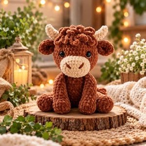 May include: A plush stuffed animal shaped like a Highland cow, crafted from dark brown yarn with a textured, curly appearance. It features a light cream-colored muzzle, two small cream-colored horns, and large, round, dark black plastic eyes.