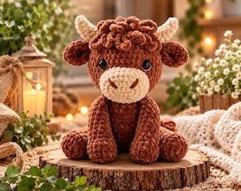 Haakpatroon voor een koe (PDF), amigurumi patroon voor een Schotse hooglandkoe, handleiding voor het haken van een pluche koe, boerderijdier speelgoed, digitale download