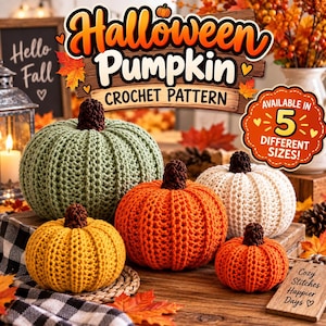 Op de afbeelding: Een verzameling van vijf gehaakte pompoenen in saliegroen, feloranje, crème, geel en klein oranje, elk met een donkerbruine steel. De tekst luidt Halloween Pumpkin Crochet Pattern, Available in 5 Different Sizes en Cozy Stitches Happier Days.