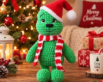 Haakpatroon voor een Grinch-sneeuwpop, kerstdecoratie voor de deur, amigurumi Grinch PDF, haakpatroon voor de winter, handgemaakte decoratie