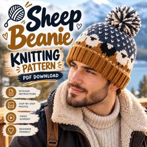Może przedstawiać: Czapka z dzianiny we wzór owiec w kolorze granatowym, białym i musztardowym, zwieńczona pasującym pomponem. Tekst głosi: Sheep Beanie KNITTING PATTERN PDF DOWNLOAD, DETAILED INSTRUCTIONS, STEP-BY-STEP PHOTOS, VIDEO SUPPORT, BEGINNER FRIENDLY.