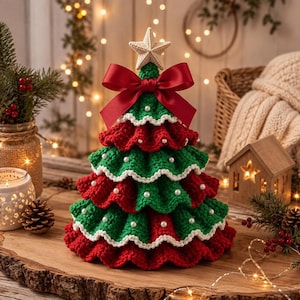 May include: A crocheted Christmas tree decoration featuring alternating ruffled tiers of red and green yarn. The edges are trimmed with white yarn and accented with small white beads. A large red satin bow and a beige crocheted star top the tree.