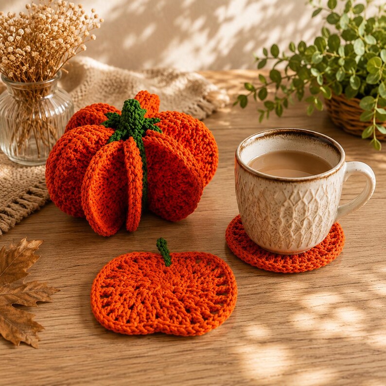 May include: A set of orange crochet pumpkin items including a three-dimensional stuffed pumpkin with a green stem and a flat, circular pumpkin-shaped coaster. The coaster is placed under a beige ceramic mug filled with a light brown beverage.