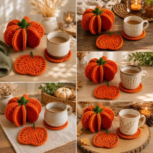 May include: A crocheted orange pumpkin with a green stem and a matching flat pumpkin-shaped coaster. The set is displayed alongside a ceramic mug filled with a light brown beverage, showcasing a textured yarn construction and vibrant autumn colors.