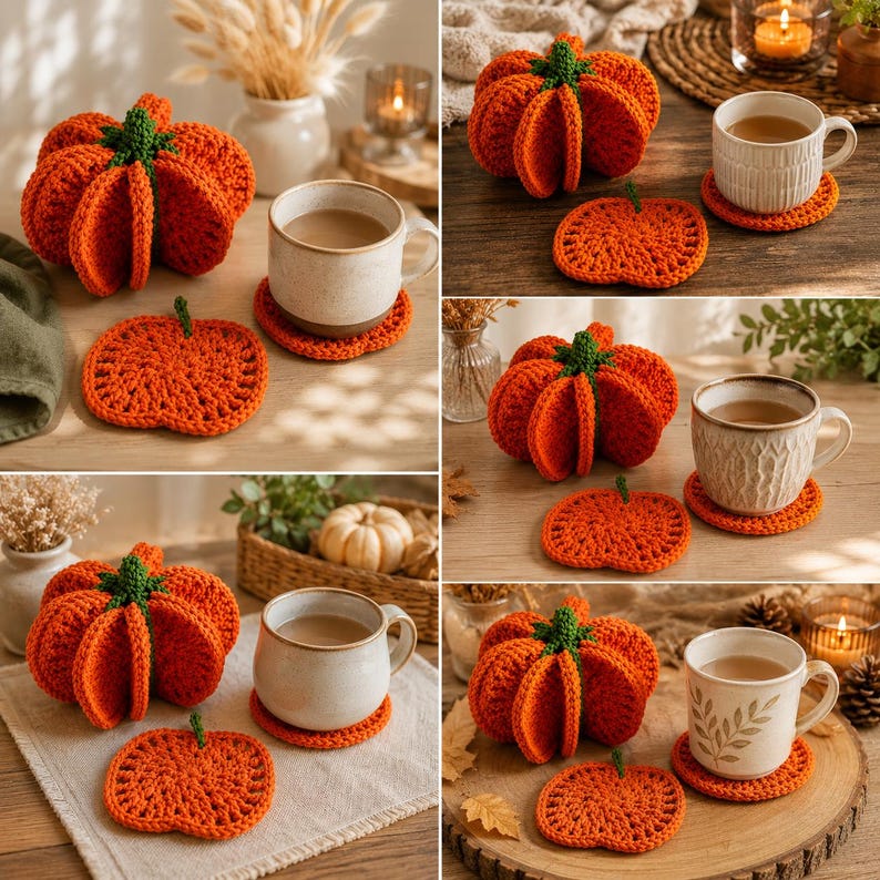 May include: A crocheted orange pumpkin with a green stem and a matching flat pumpkin-shaped coaster. The set is displayed alongside a ceramic mug filled with a light brown beverage, showcasing a textured yarn construction and vibrant autumn colors.