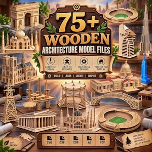 75+ Wooden Architecture Model Bundle | Laser Cut SVG DXF Files | 3D Puzzle Building Templates | Digital Download for Glowforge, XTool, CNC