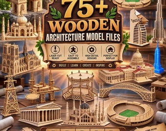 Bundel met meer dan 75 houten architectuurmodellen | Lasergesneden SVG- en DXF-bestanden | 3D-puzzelbouwsjablonen | Digitale download voor Glowforge, XTool en CNC-machines