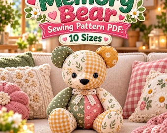 Naaipatroon voor een herinneringsbeer (PDF), patchwork teddybeer, patroon voor een aandenkenbeer, herinneringsbeer van kleding, A4 US Letter-formaat en projectorformaat.