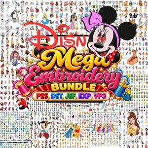 Pode incluir: Uma coleção digital de desenhos de bordado de personagens da Disney com um logotipo central que diz Disney Mega Embroidery BUNDLE e os formatos de arquivo PES, DST, JEF, EXP e VP3, cercada por centenas de pequenos ícones de personagens.