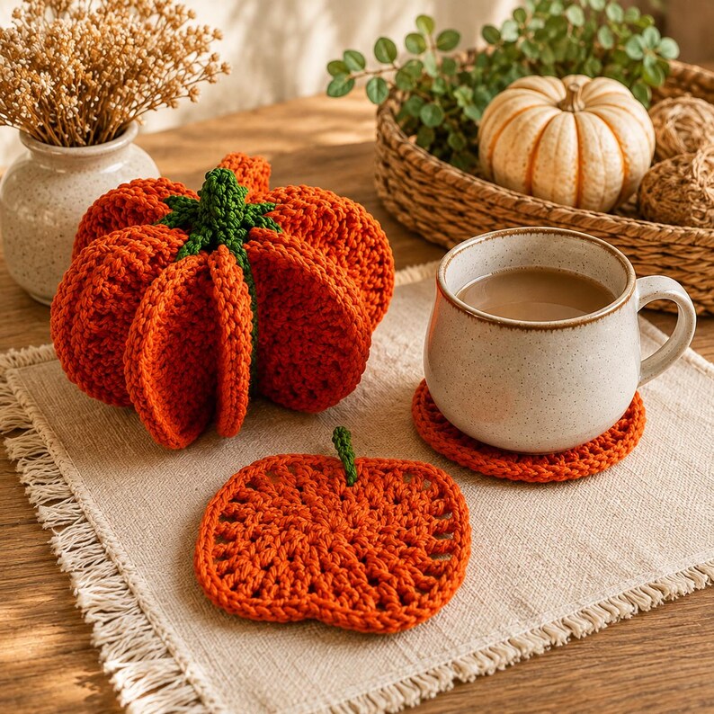 May include: A crocheted orange pumpkin with a green stem, a matching flat orange pumpkin-shaped coaster, and a ceramic mug filled with a light brown beverage. The mug sits on a second orange crocheted coaster on a fringed beige fabric mat.