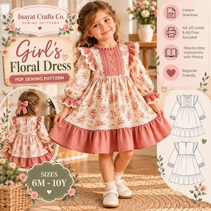 May include: A PDF sewing pattern for a girl's floral dress by Inayat Crafts Co. The pattern includes sizes 6M-10Y, step-by-step instructions, and files for A4, US Letter, and A0 printing. The dress features a floral print, ruffles, and buttons.