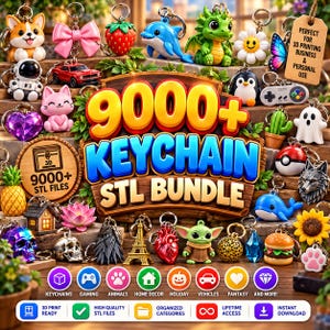 May include: A digital collection of 9000+ keychain STL files featuring diverse 3D printed designs including animals, vehicles, food, fantasy characters, and objects. The display shows various colorful keychains and text labels.