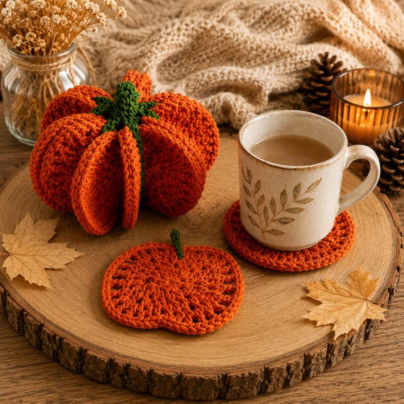 Pumpkin Coaster Set Crochet Pattern - 8 Coasters Become One 3D Pumpkin