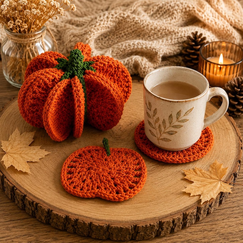 May include: A crocheted orange pumpkin with a green stem, a flat pumpkin-shaped coaster, and a ceramic mug with a leaf pattern resting on a matching orange coaster. The items are arranged on a round wooden slice with dried leaves.