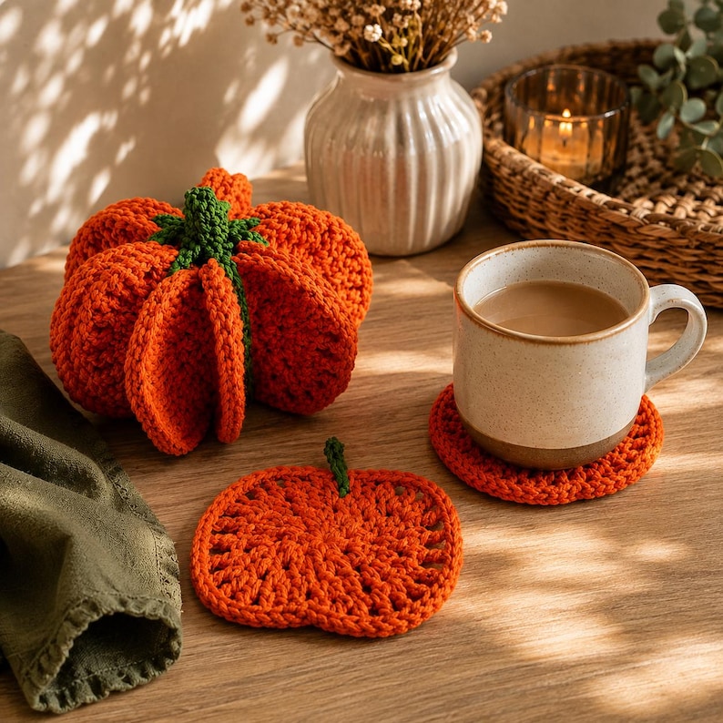 May include: A crocheted orange pumpkin with a green stem, a flat pumpkin-shaped orange coaster, and a ceramic mug filled with a light brown beverage resting on a second orange coaster. The items are arranged on a wooden surface with a green cloth.